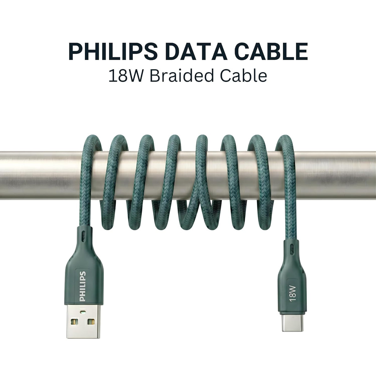 Philips DLC4130AT/94 18W Type-A to Type-C Fast Charging Cable (1m, Crystal Teal)