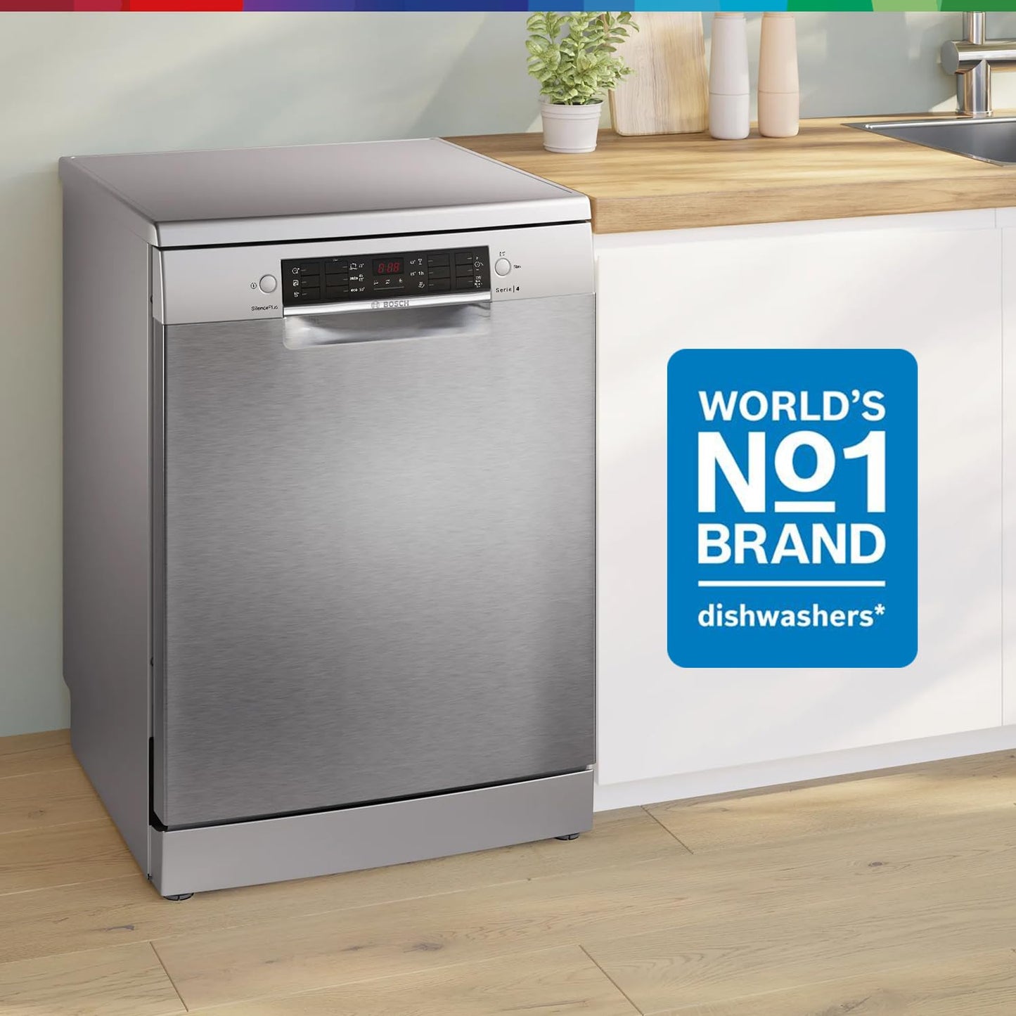 Bosch 14 Place Setting Dishwasher with Intensive Kadhai Program, 70⁰ Hot water wash, 3-Stage Adjustable Upper Rack, No Pre-Rinse (SMS46KI03I, Silver, Glass Protection Technology)