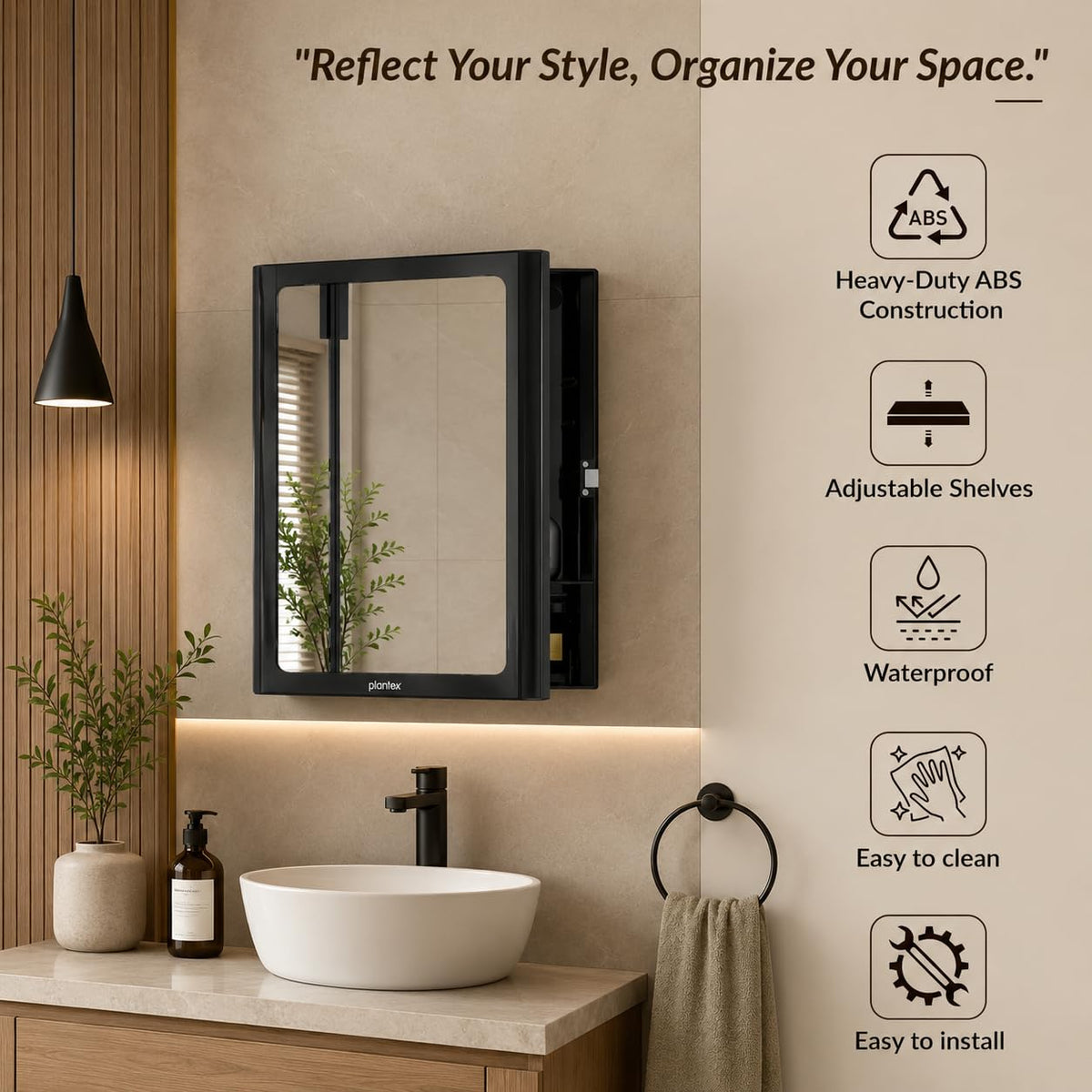 Plantex Bathroom Cabinet with Mirror/ABS Bathroom Storage Cabinet/Wall Mounted Bathroom Cabinet/Mirror with Storage for Bathroom(14x18 Inch, Black)