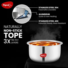 Pigeon Elite Stainless Steel Triply Sauce Pan / Tope, Gas Stove and Induction Compatible