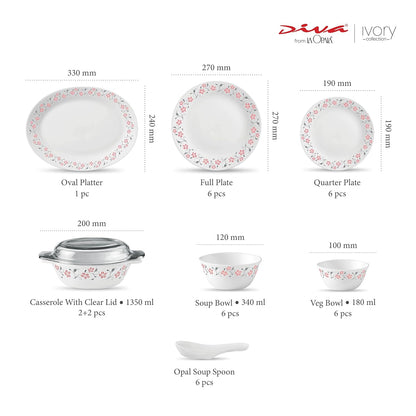 La Opala Diva, Ivory Collection, Opal Glass Dinner Set 35 pcs, Grace Red, White, Standard