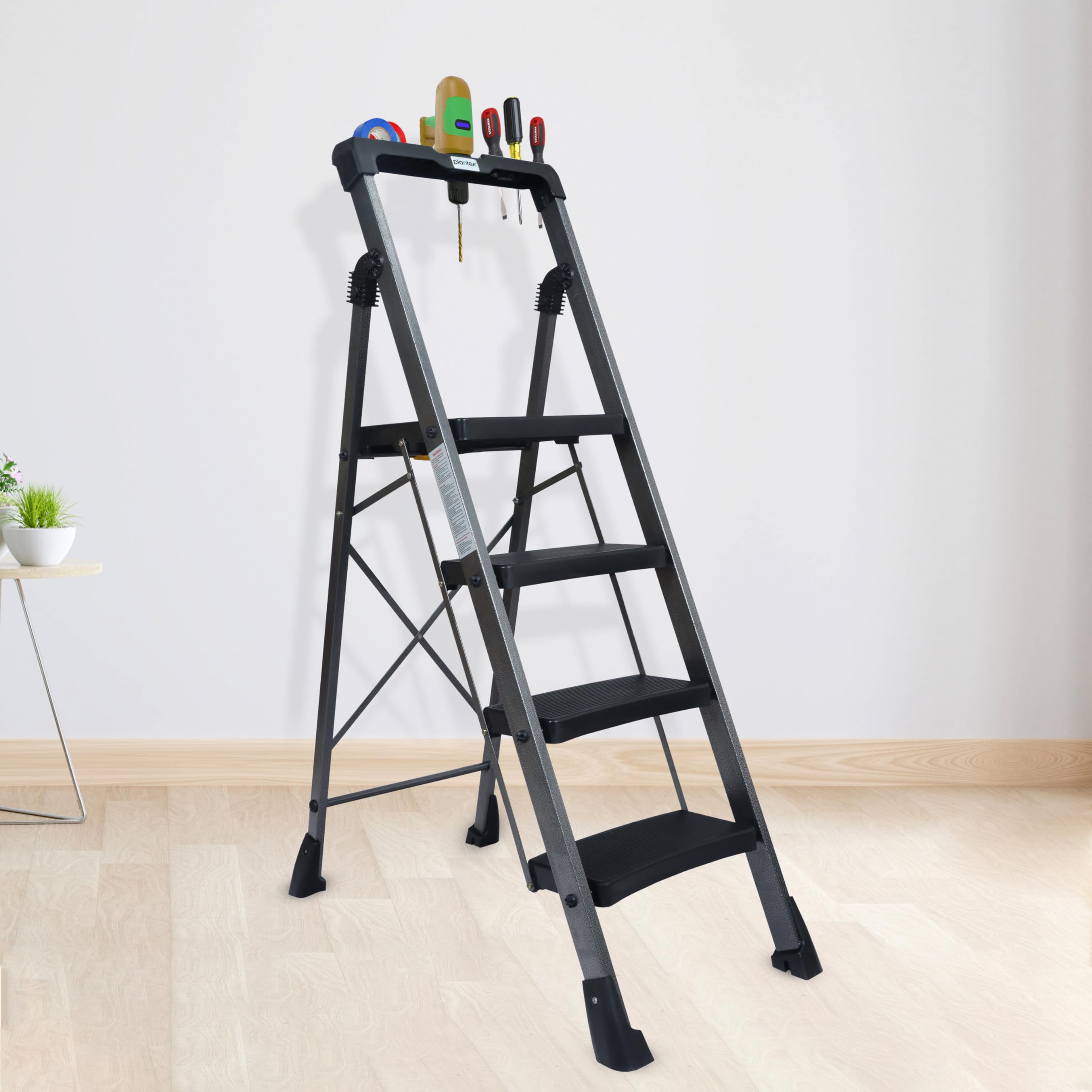 Plantex Stylo Heavy-Duty Mild-Steel Folding 6 Step Ladder for Home with Advanced Locking System/Wide Anti-Skid Step Ladder (Black & Blue)