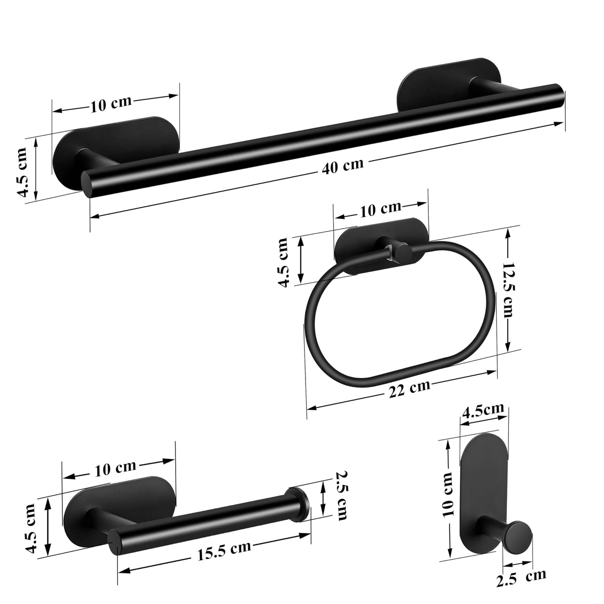 Plantex Stainless Steel Self Adhesive Bathroom Accessories Set-16 inch Single Towel Rod/Napkin Holder/Paper Holder/Robe Hook for Bathroom - 4 Piece Combo (Black)-3