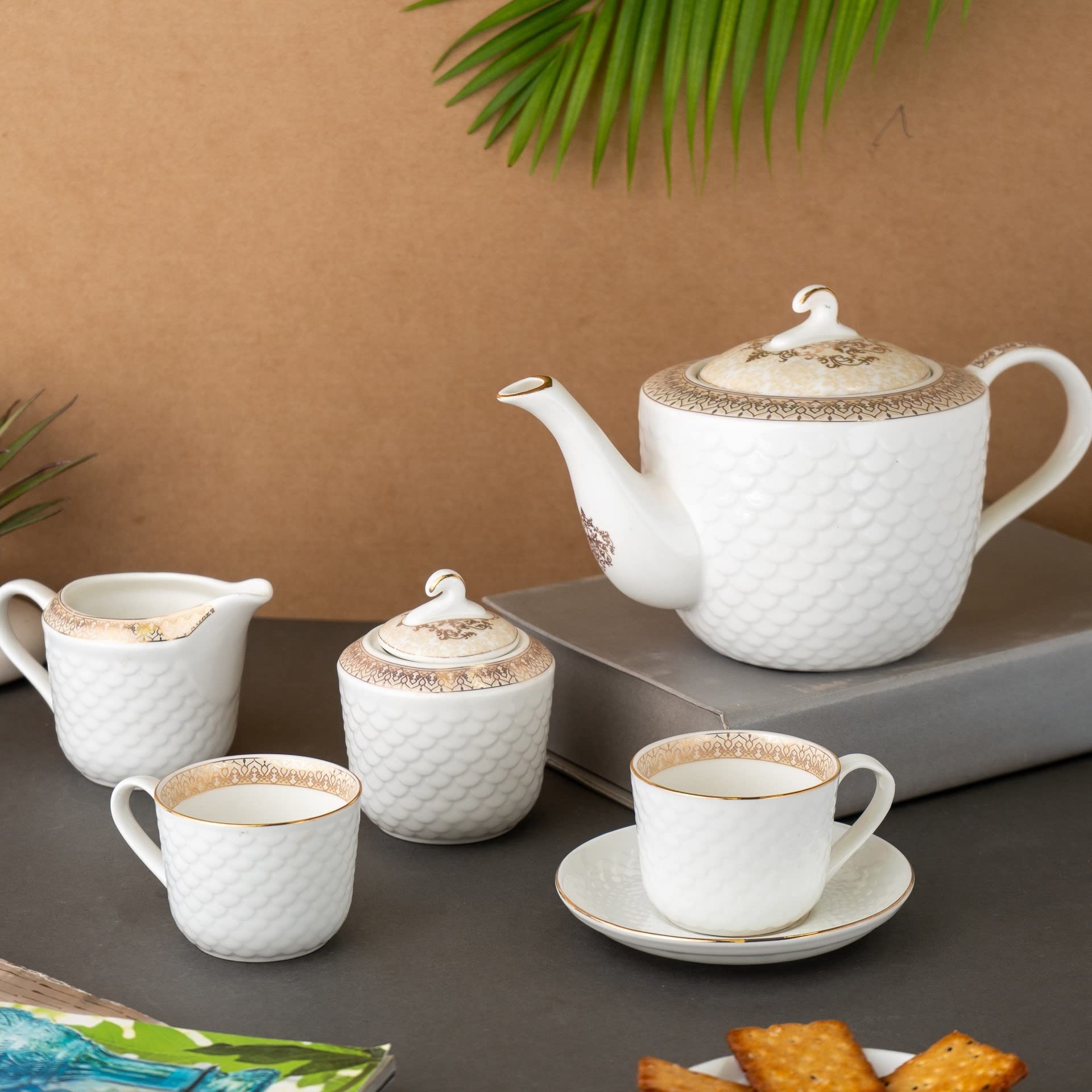 Clay Craft Gold Print Premium Fine Ceramic Tea Set of 15 Pcs (1 Kettle + 6 Cups + 6 Saucers + 1 Milk Pot + 1 Sugar Pot) (Design 6 - Rose(R512))