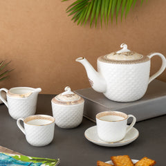 Clay Craft Gold Print Premium Fine Ceramic Tea Set of 15 Pcs (1 Kettle + 6 Cups + 6 Saucers + 1 Milk Pot + 1 Sugar Pot) (Design 6 - Rose(R512))