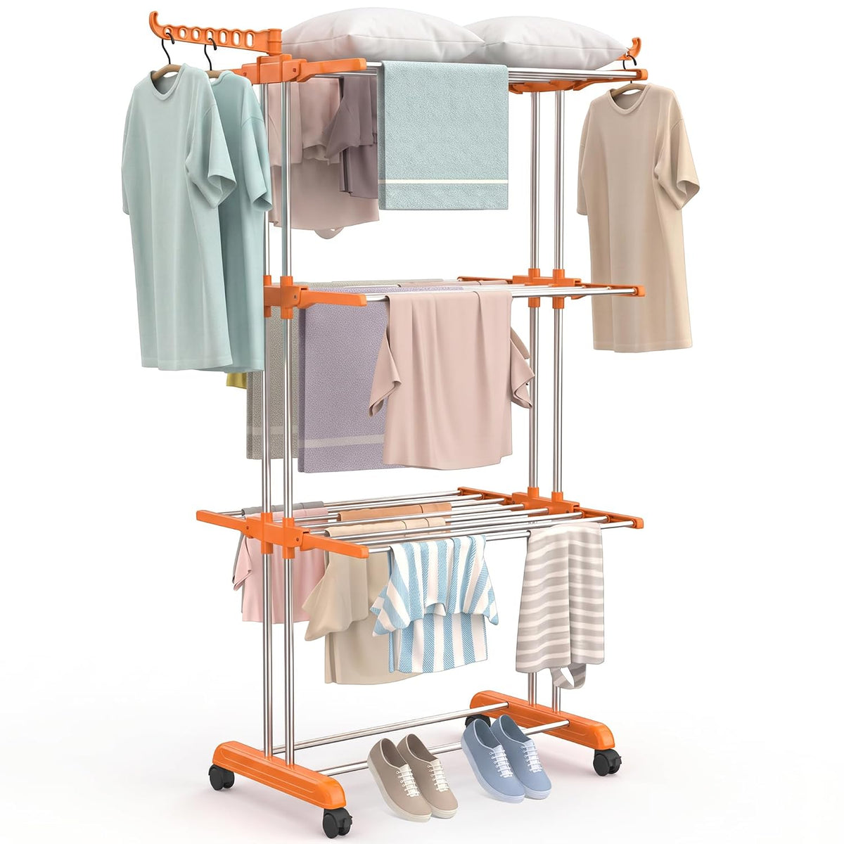 HOUZA Stainless Steel Clothes Drying Stand | 3 Layer Foldable Cloth Dryer Stand with Wheels | 6 Foldable Wings - Orange