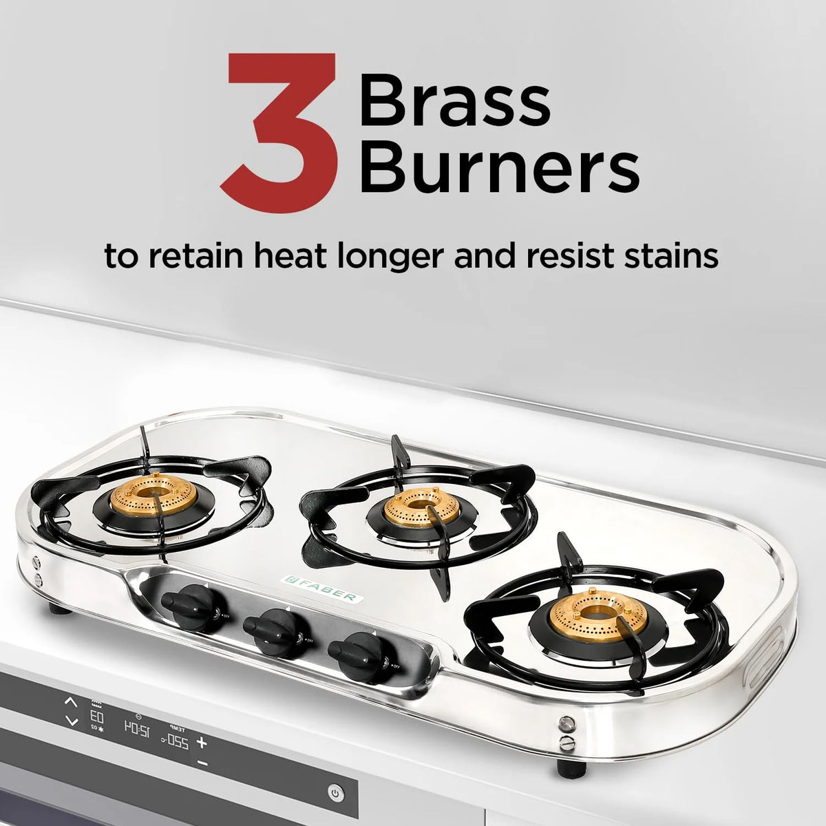 Faber high efficiency 3 Brass Burner gas stove|| Stainless Steel|| ISI Certified gas stove, Manual Ignition, (COOKTOP CR