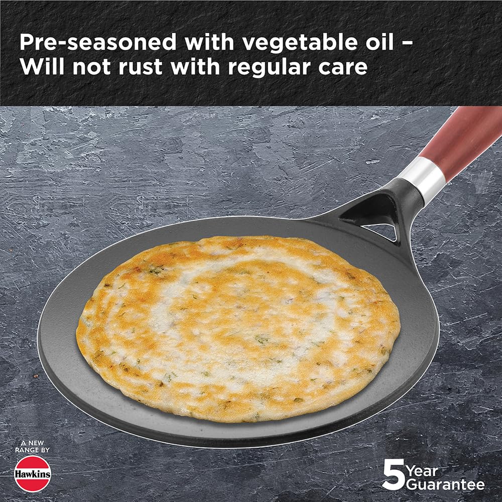 Hawkins Futura 22 cm Cast Iron Tava, Cast Iron Tawa for Roti, Cast Iron Cookware for Kitchen, Black (CIT22)