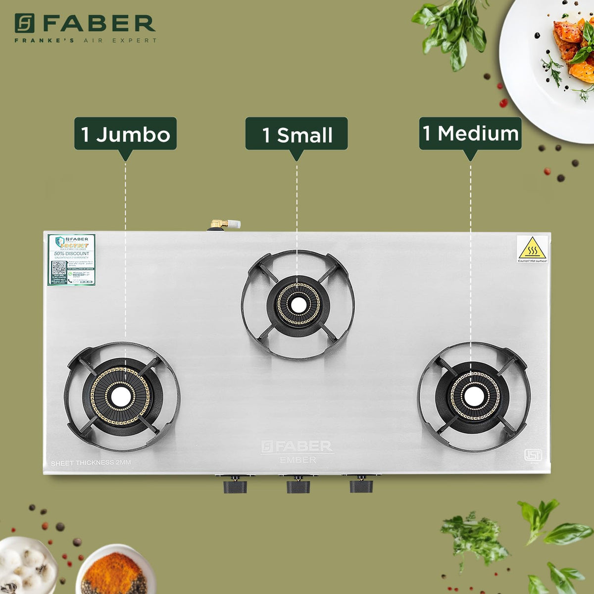 Faber Ember Stainless Steel Cooktop | 3 Brass Burners (Jumbo, Medium & Small |Manual Ignition | Diamond-Coated Pan Suppo