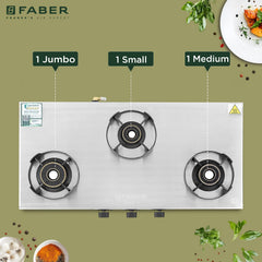Faber Ember Stainless Steel Cooktop | 3 Brass Burners (Jumbo, Medium & Small |Manual Ignition | Diamond-Coated Pan Suppo