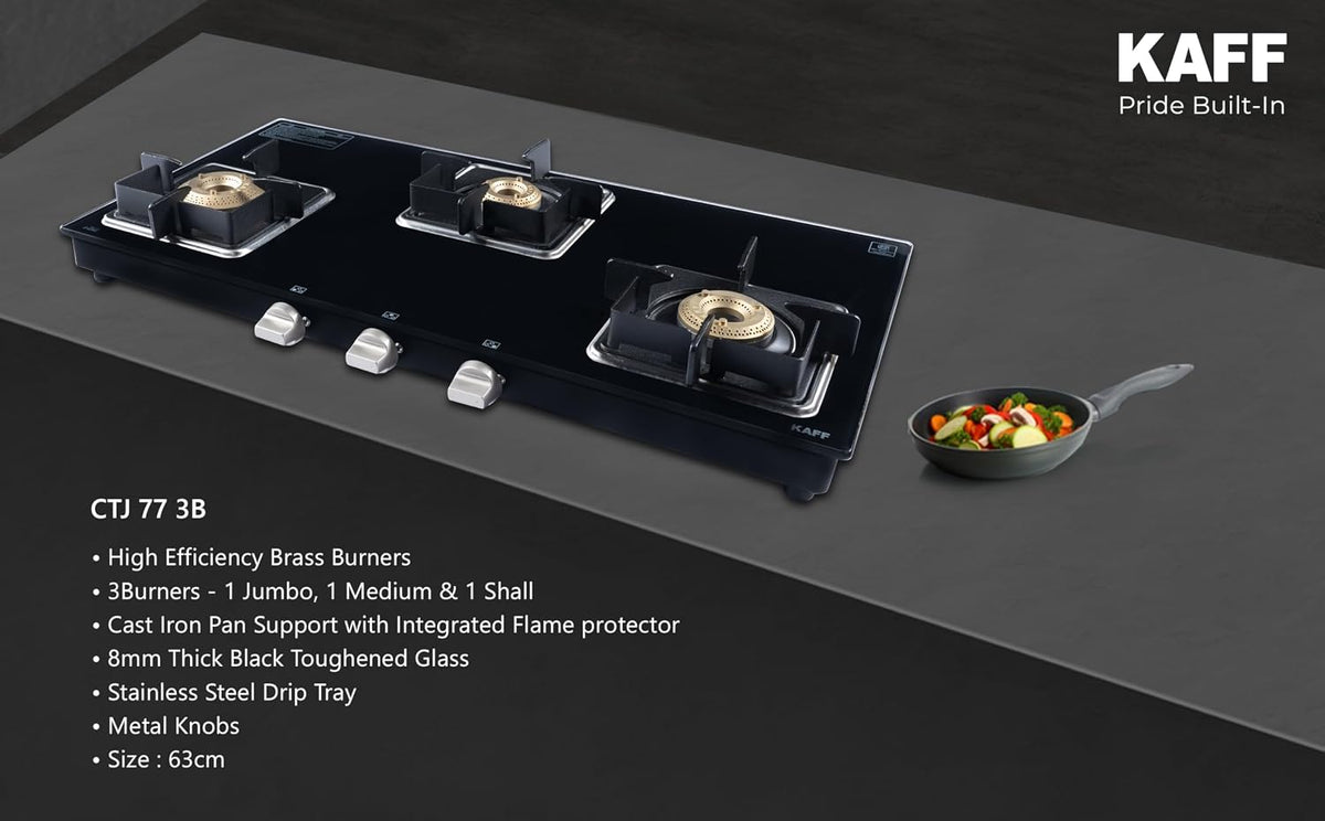 Kaff 77cm 3 Burner Glass Gas Stove | High Efficiency Brass Burners | 8mm Black Toughened Glass | Cast Iron Pan Support |