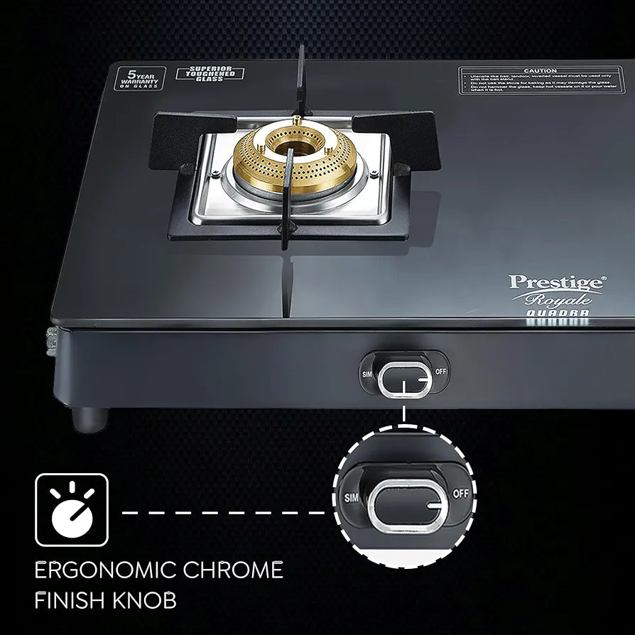 Prestige Royale Quadra 2Burner Gas Stove|Superior Toughened Glasstop with 5-Year Warranty |3-Way Nozzle Design|Tri-Pin Jumbo Burner|Uniquely Designed Pan Support |Elegantly Designed Knobs|Black