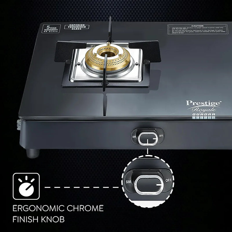 Prestige Royale Quadra 2Burner Gas Stove|Superior Toughened Glasstop with 5-Year Warranty |3-Way Nozzle Design|Tri-Pin Jumbo Burner|Uniquely Designed Pan Support |Elegantly Designed Knobs|Black