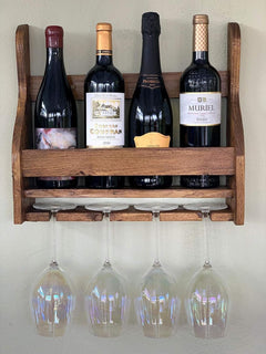 Elegant Wall-Mounted Wood Wine Rack – Holds 4/8 Glasses & Bottles, Space-Saving Mini Bar Cabinet for Home, Kitc