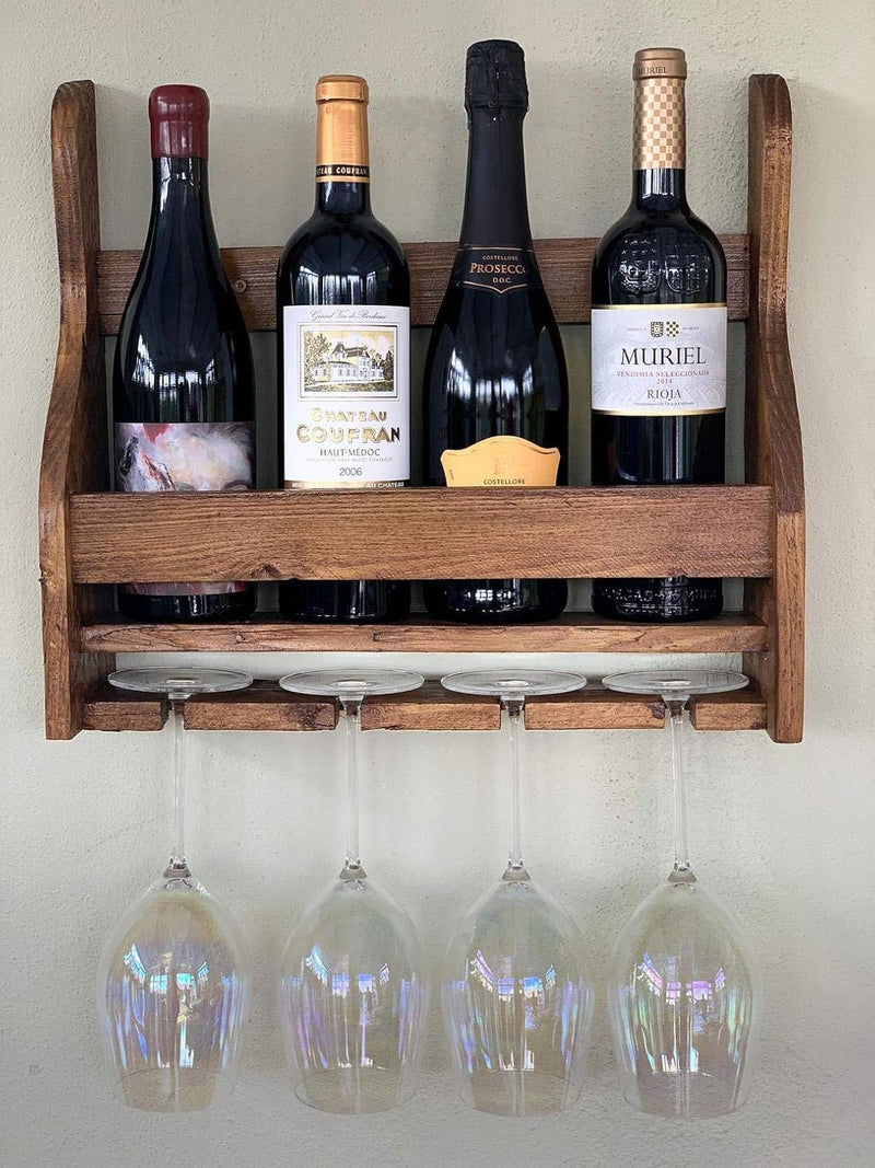 Elegant Wall-Mounted Wood Wine Rack – Holds 4/8 Glasses & Bottles, Space-Saving Mini Bar Cabinet for Home, Kitc