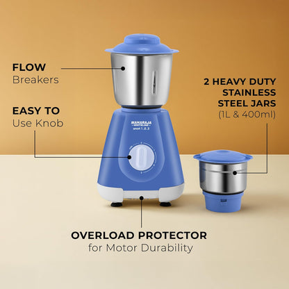 Maharaja Whiteline Smart Mixer Grinder | 500-watt | 20000 RPM Motor Speed | Air Ventilation System | Stainless-Steel Jars & Blades | Unique Jar Flow Breakers | 2 Year Motor Warranty |Blue