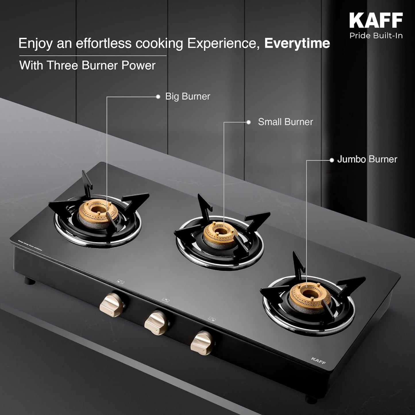 KAFF 3 Burner Gas Stove Top for Kitchen - 71CM Manual Ignition Cooktop| Modern Glass Stove for Modular Kitchen, ISI Certified & Compatible with LPG (Black)