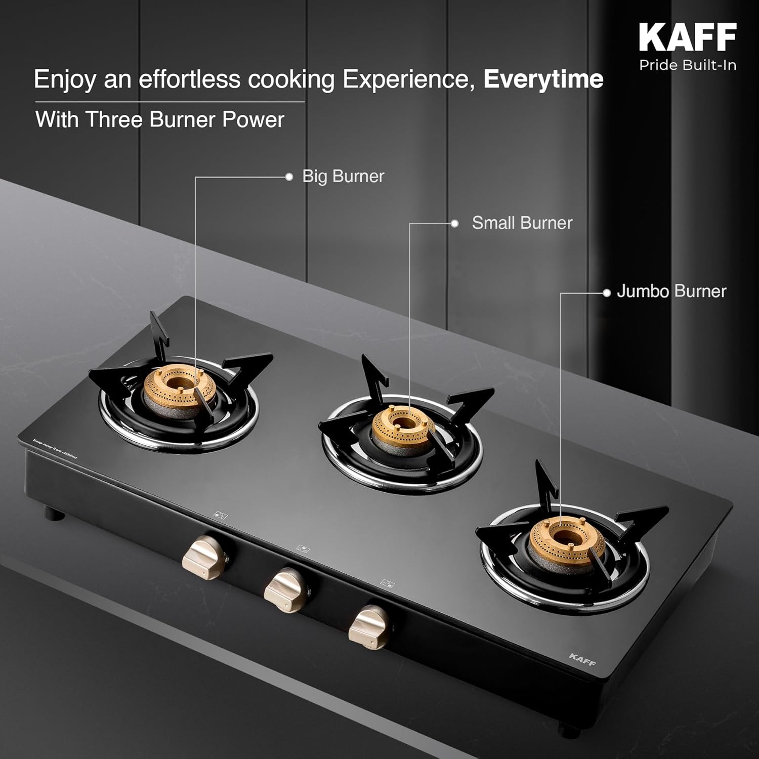 KAFF 3 Burner Gas Stove Top for Kitchen - 71CM Manual Ignition Cooktop| Modern Glass Stove for Modular Kitchen, ISI Certified & Compatible with LPG (Black)