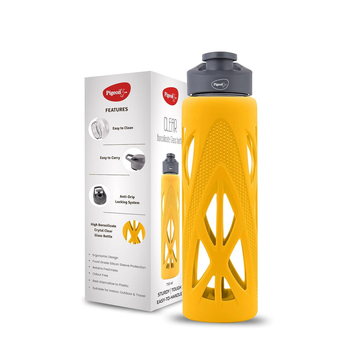 Pigeon 750 ml Clear Glass Water Bottle with Protective Silicone Cover