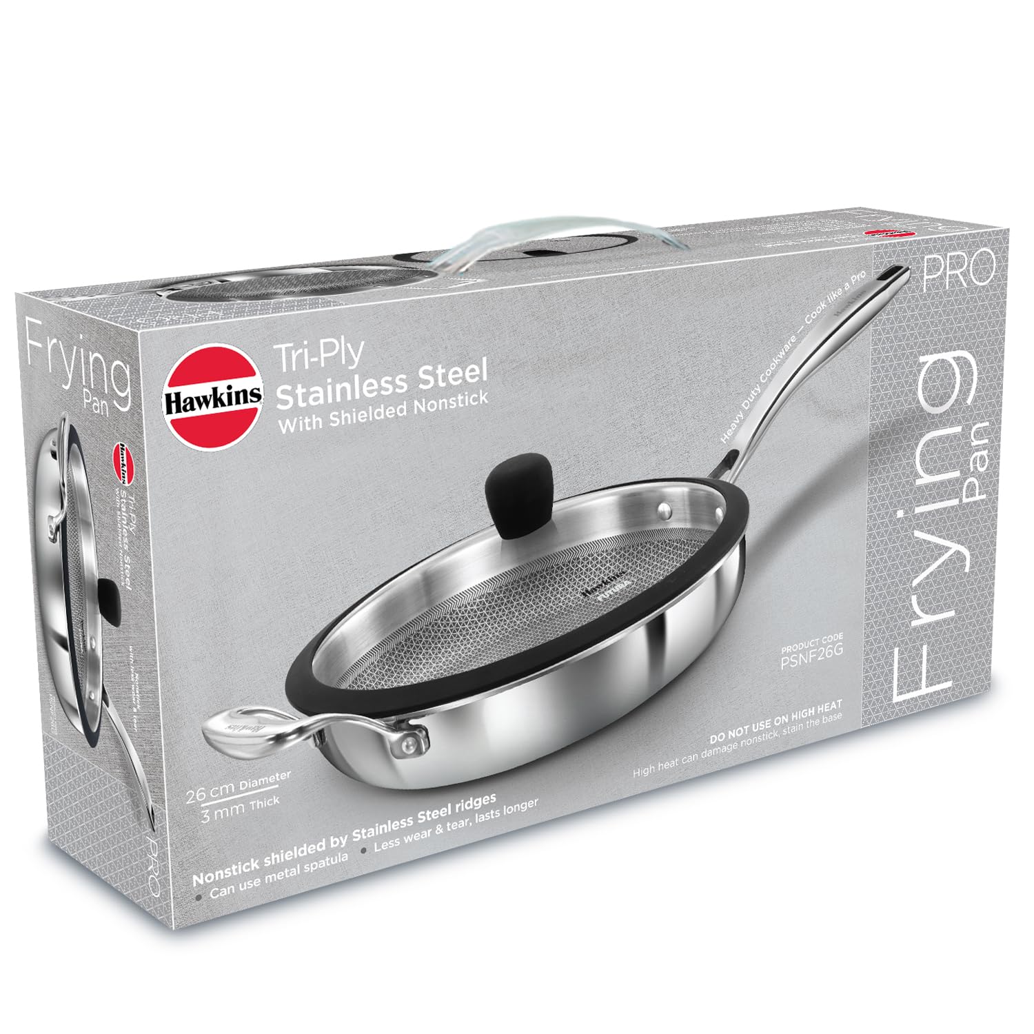 Hawkins Pro 26 cm Shielded Nonstick Triply Frying Pan, Fry Pan with Stainless Steel Handle and Glass Lid, Silver (PSNF26G)