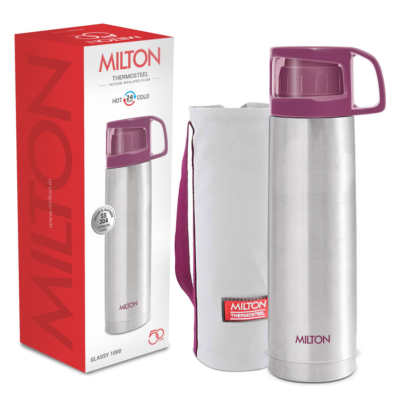 Milton Glassy 500 Thermosteel Vacuum Insulated Double Walled Flask with Drinking Cup lid & Jacket, 500 ml Water Bottles, 24 Hours Hot & Cold, Easy to Carry,Rust Proof, Tea, Coffee, Travel Bottle, Grey