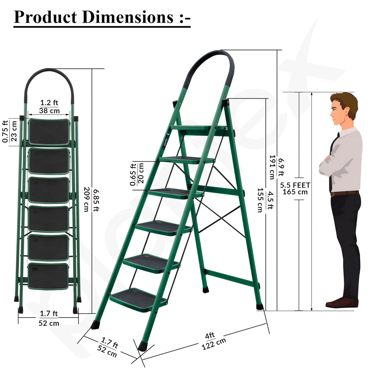 Plantex Hercules Pro 6-Step Foldable Ladder for Home with 150 kg Load Capacity/Heavy-Duty Steel Ladder/Anti-Slip Wide Step/Strong, Stable & Multi-Purpose (Green)-3