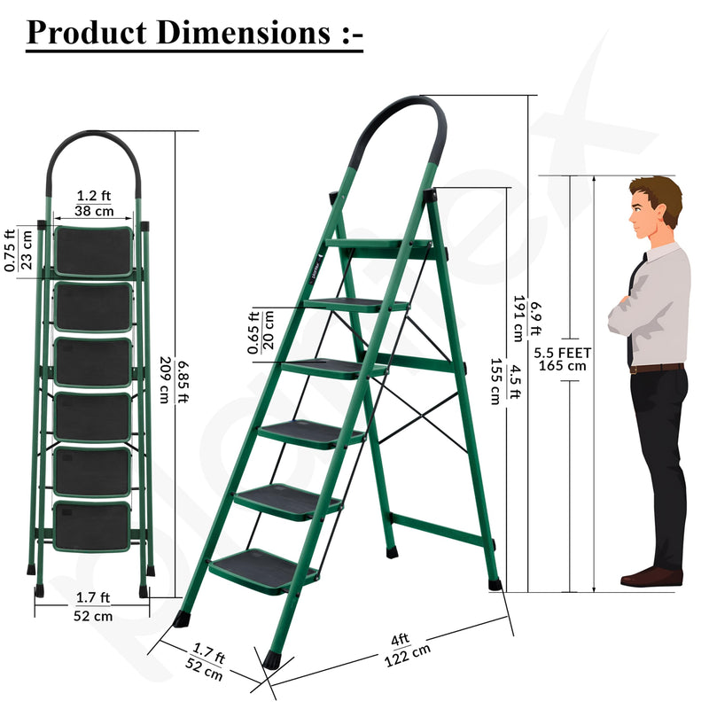 Plantex Hercules Pro 6-Step Foldable Ladder for Home with 150 kg Load Capacity/Heavy-Duty Steel Ladder/Anti-Slip Wide Step/Strong, Stable & Multi-Purpose (Green)-3