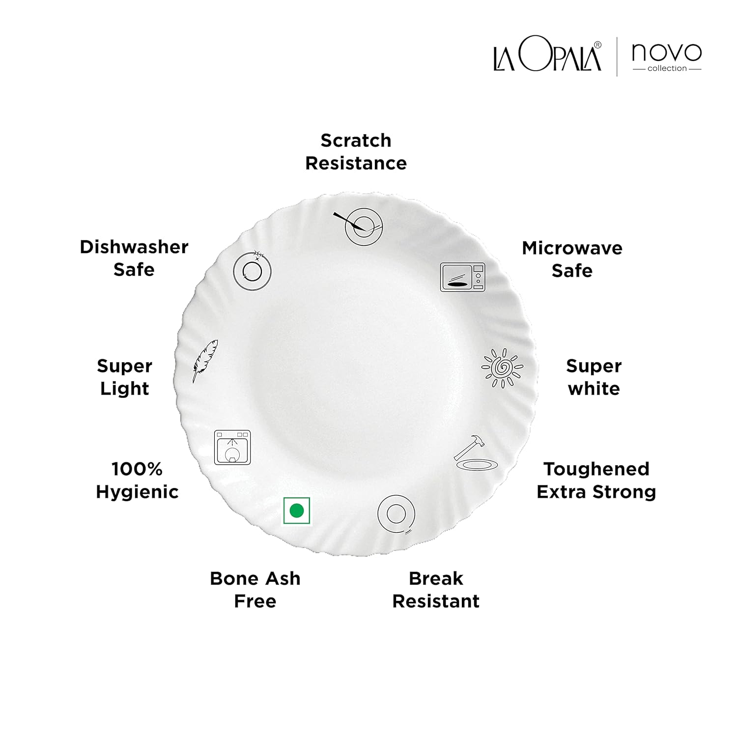 La Opala Novo Collection Opal Glass Crockery | for Family of 6 | Dinner Set 29 pcs Trinty Green | Plates & Bowls for Dining | Microwave Safe | 100% Vegetarian | Extra Strong | Light & White
