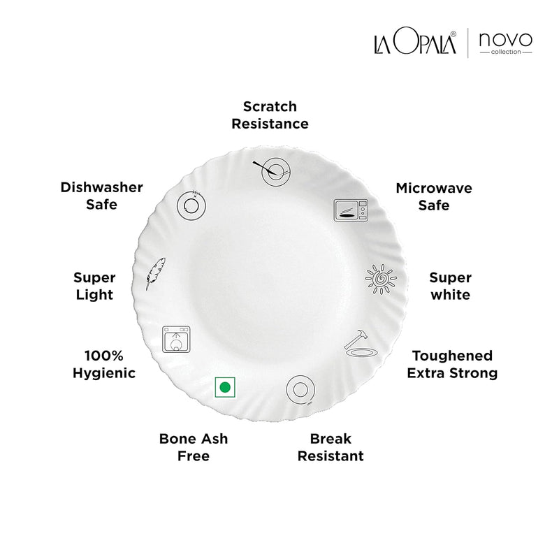 La Opala Novo Collection Opal Glass Crockery | for Family of 6 | Dinner Set 29 pcs Trinty Green | Plates & Bowls for Dining | Microwave Safe | 100% Vegetarian | Extra Strong | Light & White