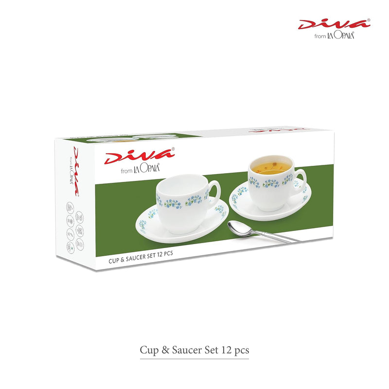 La Opala Diva, Opal Glass Crockery | Cup & Saucer Iris Large, Set of 12 | Grace Red, 220 ml | for Tea & Coffee | Microwave Safe | 100% Vegetarian | Extra Strong | Super Light | Super White