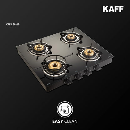KAFF Cooktop | 4 Burners with Slim Line Design 58 CM | 1 Jumbo burner | High Efficiency Brass Burners, Black Tempered Glass | Matt Enamelled Pan Support | Black | CTRJ58-4B