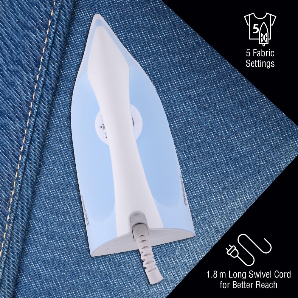 USHA EI 3802 1000W Dry Iron with Double Coat Golden Weilburger Soleplate, 180° Swivel Cord, Easy Fabric Selector & Overheat Protection (Blue/White)