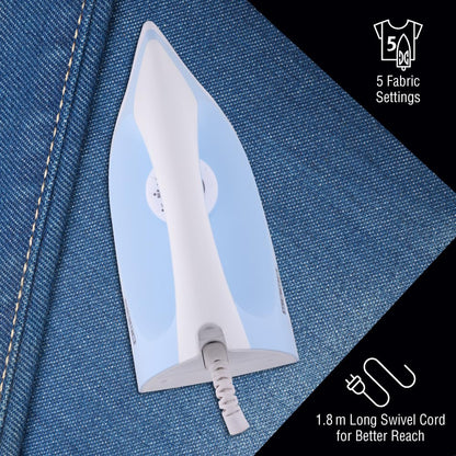 USHA EI 3802 1000W Dry Iron with Double Coat Golden Weilburger Soleplate, 180° Swivel Cord, Easy Fabric Selector & Overheat Protection (Blue/White)