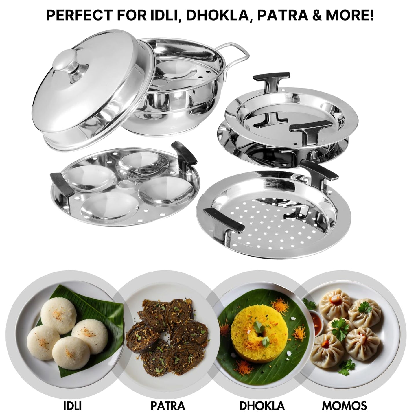 Vinod Gen-Z 1 liter Stainless Steel Multi Kadai with 6 Plates - 19 cm| 2 Idli, 2 Dhokla and 1 Patra Plate | All In One Multi Purpose Kadhai | Induction and Gas Base | Small - 2 Year Warranty