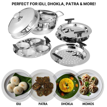 Vinod Gen-Z 1 liter Stainless Steel Multi Kadai with 6 Plates - 19 cm| 2 Idli, 2 Dhokla and 1 Patra Plate | All In One Multi Purpose Kadhai | Induction and Gas Base | Small - 2 Year Warranty