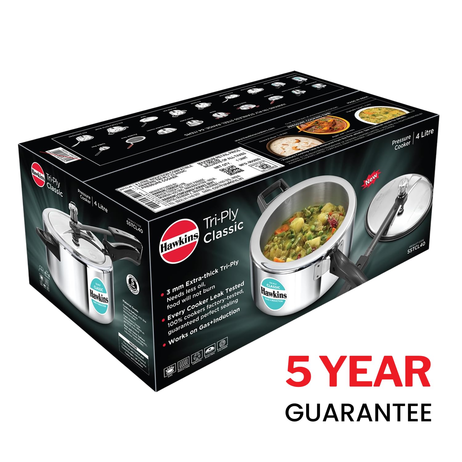 Hawkins Triply 4 Litre Classic Pressure Cooker, Triply Stainless Steel Induction Inner Lid Cooker & Tall Design, Silver (SSTCL40)