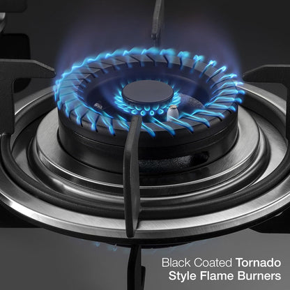 KAFF 3 Burners Built-in Hob/Hobtop For Modular kitchen -8 MM|Auto Electric Ignition Glass Top| Tornado Style Burner, Enamelled Matt Finish, Easy Grip Knobs, Toughened Glass (Black,60CM)