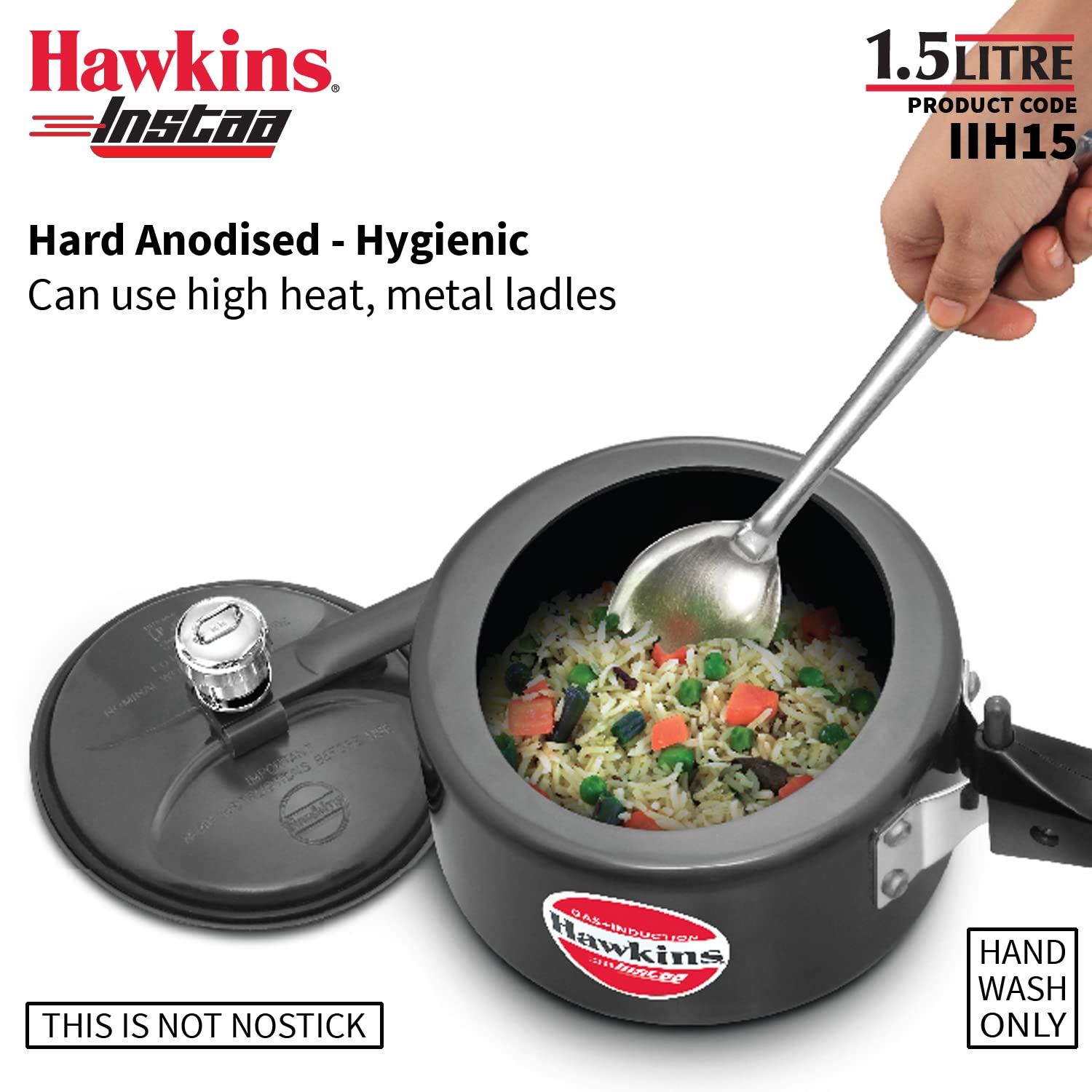 Hawkins 1.5 Litre Instaa Pressure Cooker, Induction Inner Lid Cooker, Tall Body Hard Anodised Baby Cooker, Black (IIH15)