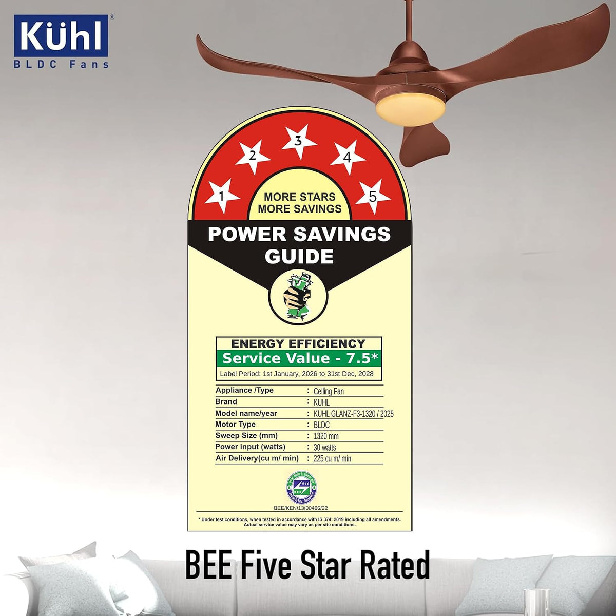 KUHL Glanz F3 1320 mm BLDC Ceiling Fan with Remote & Down Light | 5 Star (Brown)-5