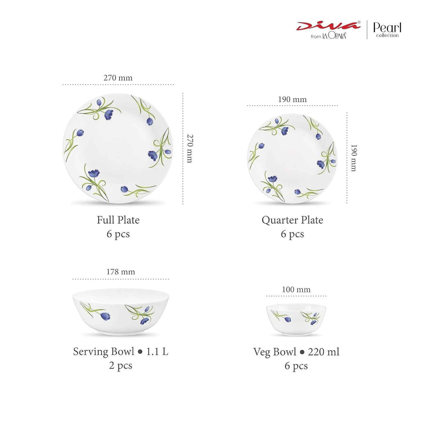 Diva by La Opala, Pearl Collection, Opal Glass Dinner Set 20 pcs, Turquoise Trims, White