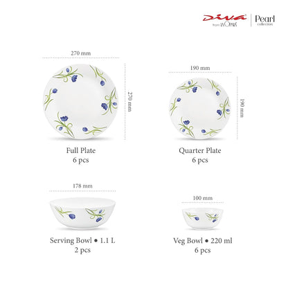 Diva by La Opala, Pearl Collection, Opal Glass Dinner Set 20 pcs, Turquoise Trims, White