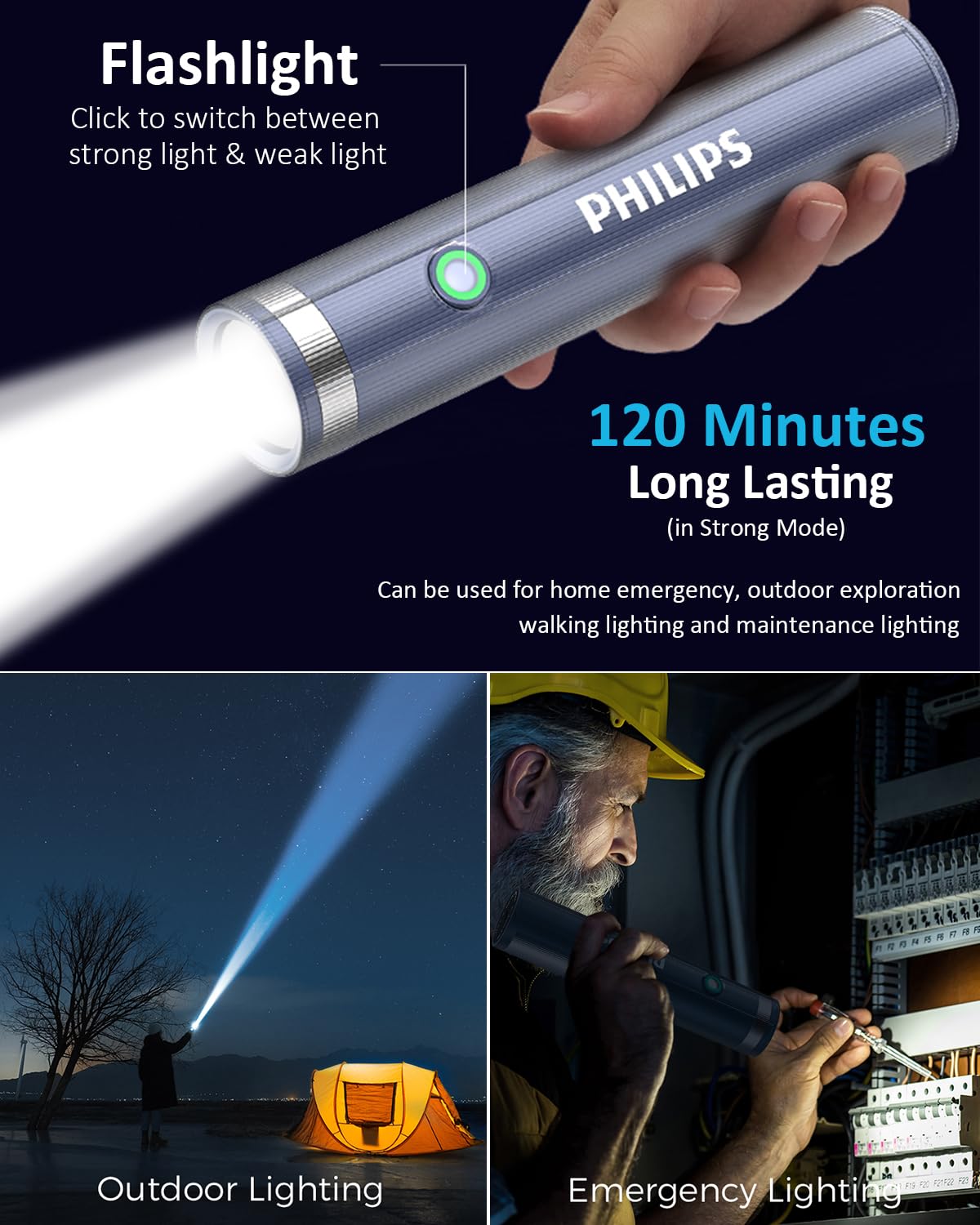 Philips Portable Torch Rechargeable, 400 Lumens Torch Light & Camping Light