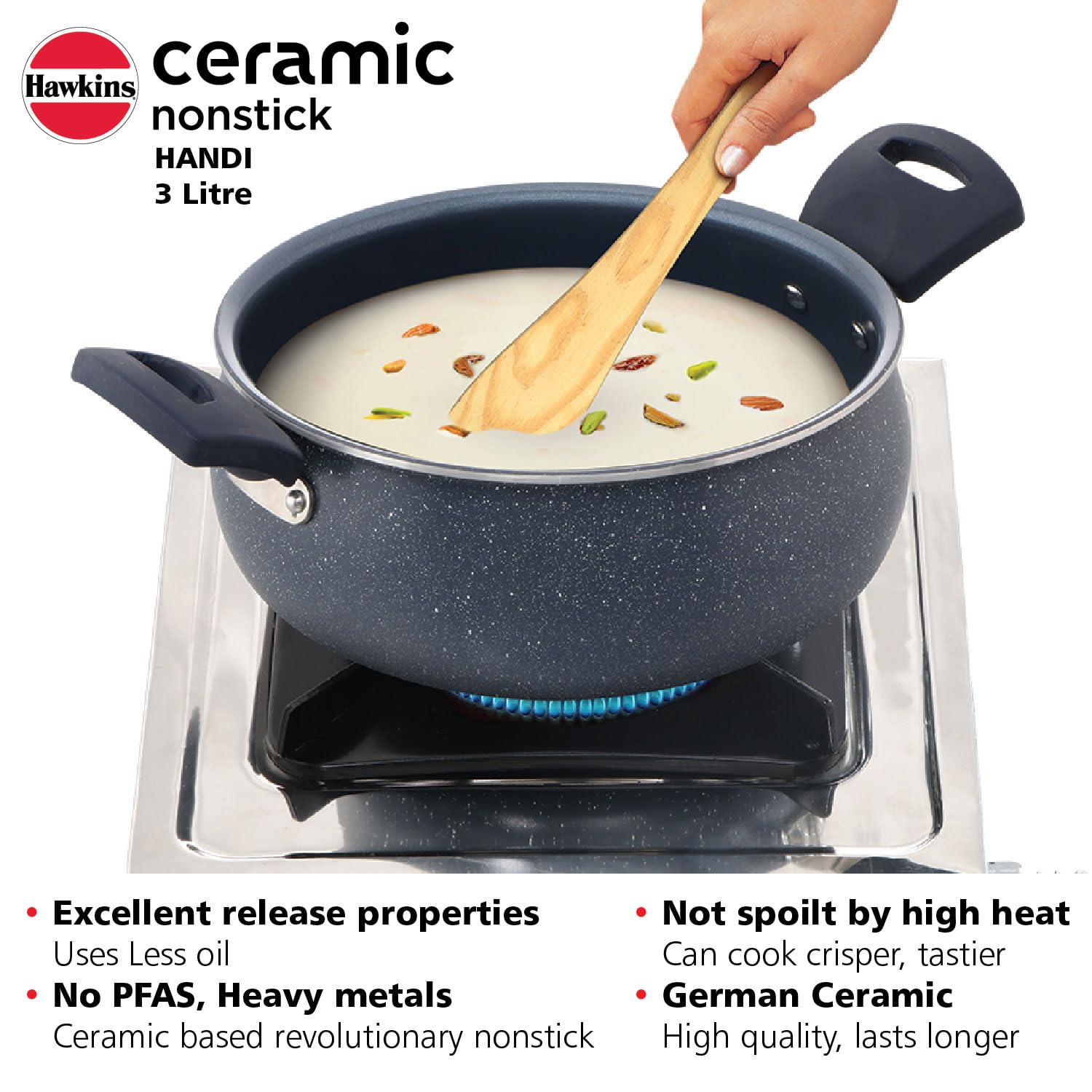 Hawkins Ceramic Nonstick Handi with Glass Lid, 3 Litre, Induction Biryani Pot, Granite Casserole (ICH30G)