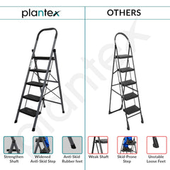 Plantex GI Steel 5-Steps Ladder for Home/Easy to fold/Anti-Skid Wide Steps Ladder - (Aura, Black & Grey)