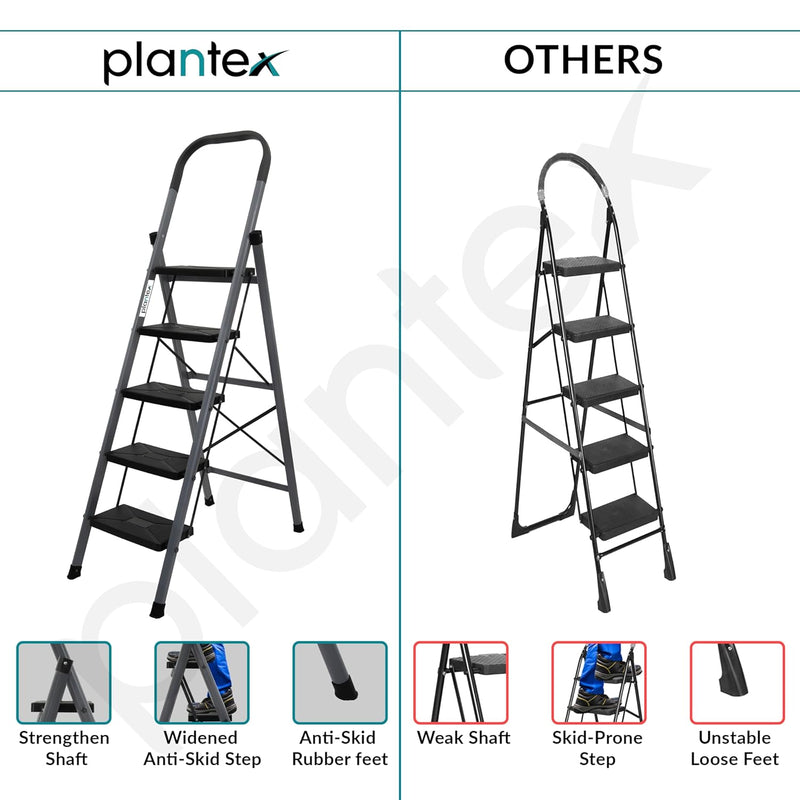 Plantex GI Steel 5-Steps Ladder for Home/Easy to fold/Anti-Skid Wide Steps Ladder - (Aura, Black & Grey)