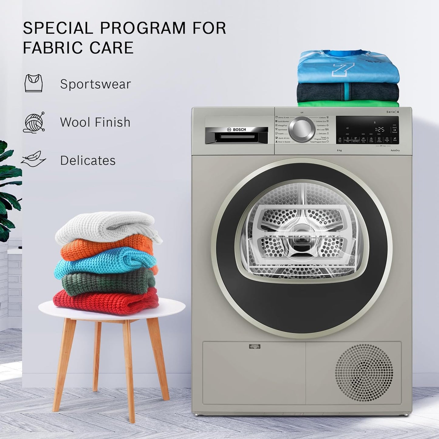 Bosch 8 kg Fully Automatic Front Load Condenser Tumble Dryer (WPG23108IN, 5 Drying Options, 14 Programs, Allergy Plus, 100% Drying with 0% Effort, Inbuilt Heater, Silver)