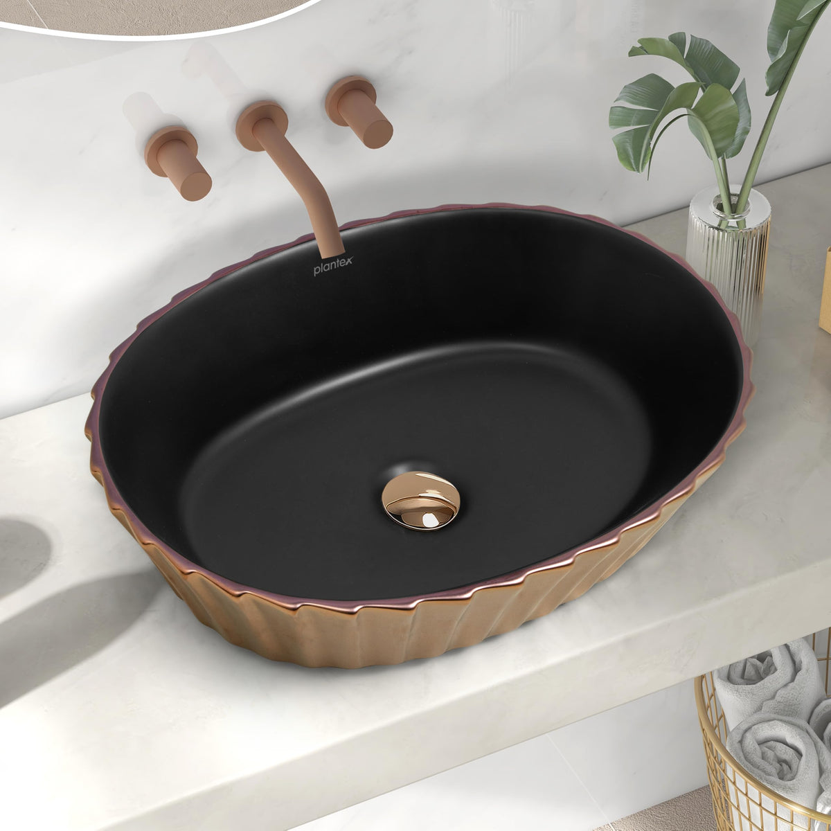 Plantex Designer Basin for Bathroom/Oval Table Top WashBasin/Countertop Hand Wash Basin/Vessel Sink for Restaurant/Hotel (19x15x5 Inch - Gold & Black)-1