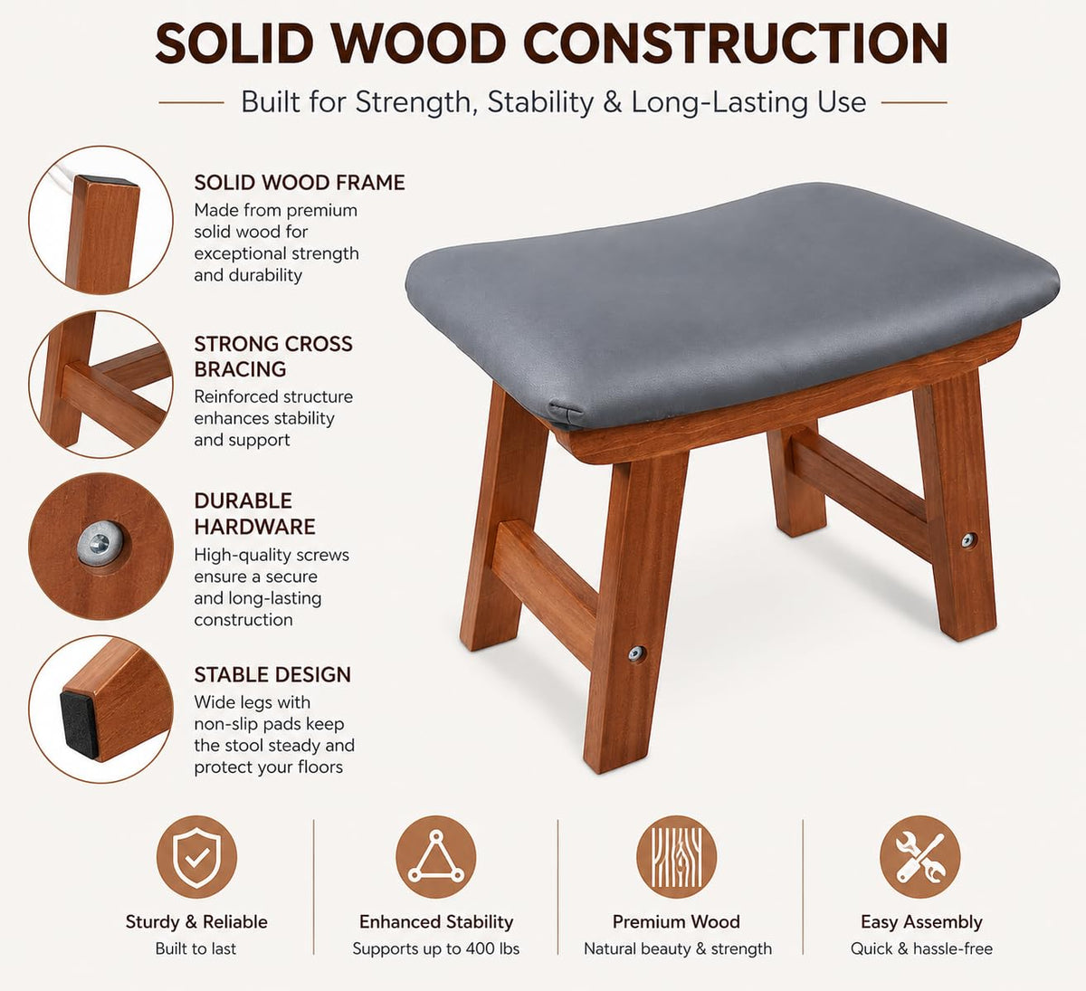 Wooden Footrest with Soft Cushion – Ergonomic Foot Stool for Under Desk, Home & Office Use | Sheesham Wood Padd