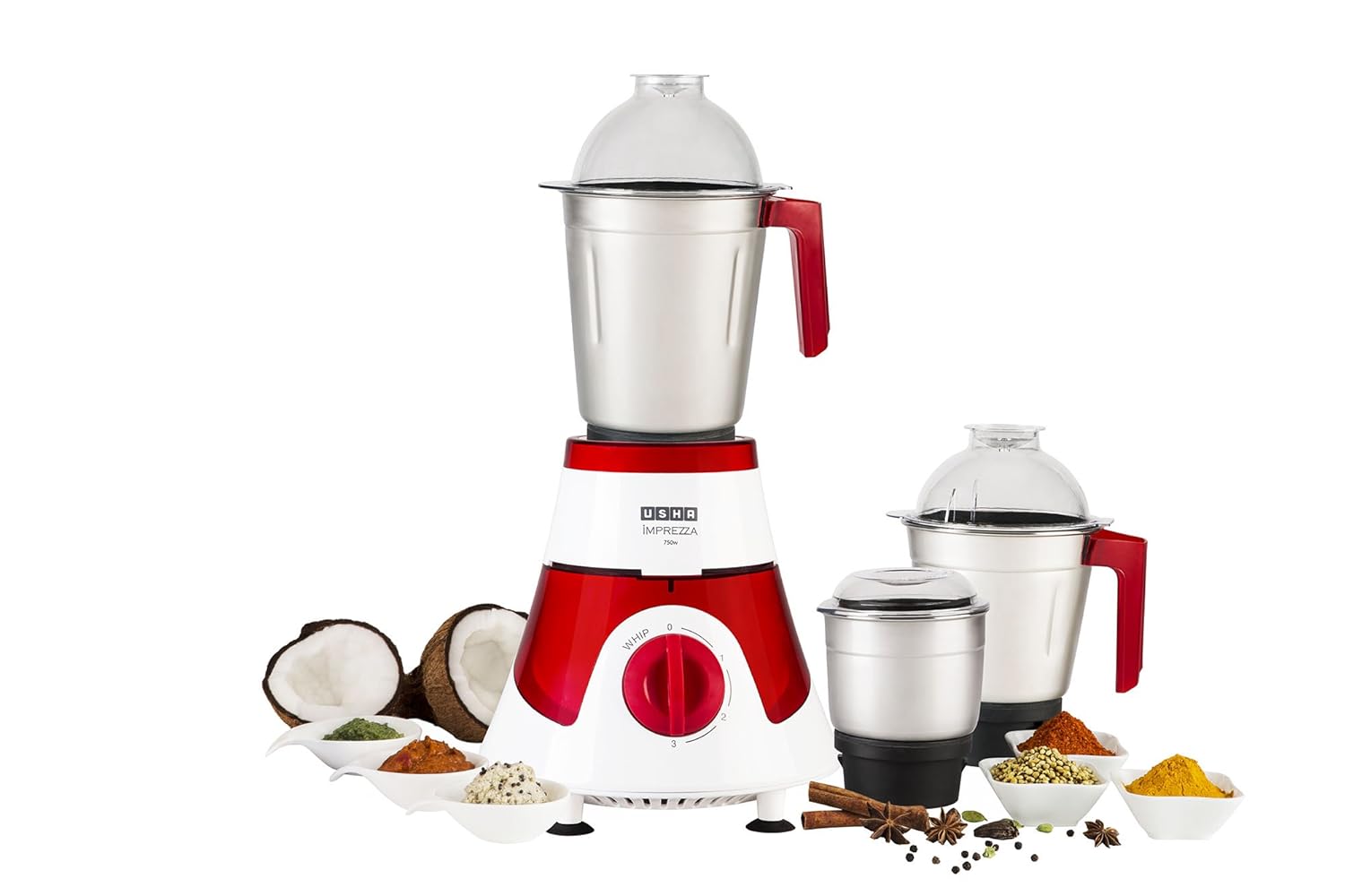 Usha Mixer Grinder (MG-3576) 750-Watt 3 Jars with Full Copper Motor (Red/White)