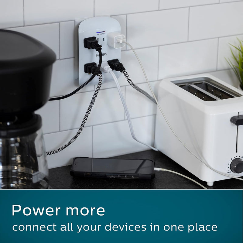 Philips SPP3469WA/37 Set of 4 Taps with Surge Protection, 900 Pretty Space-Saving Design (Pack of 4)